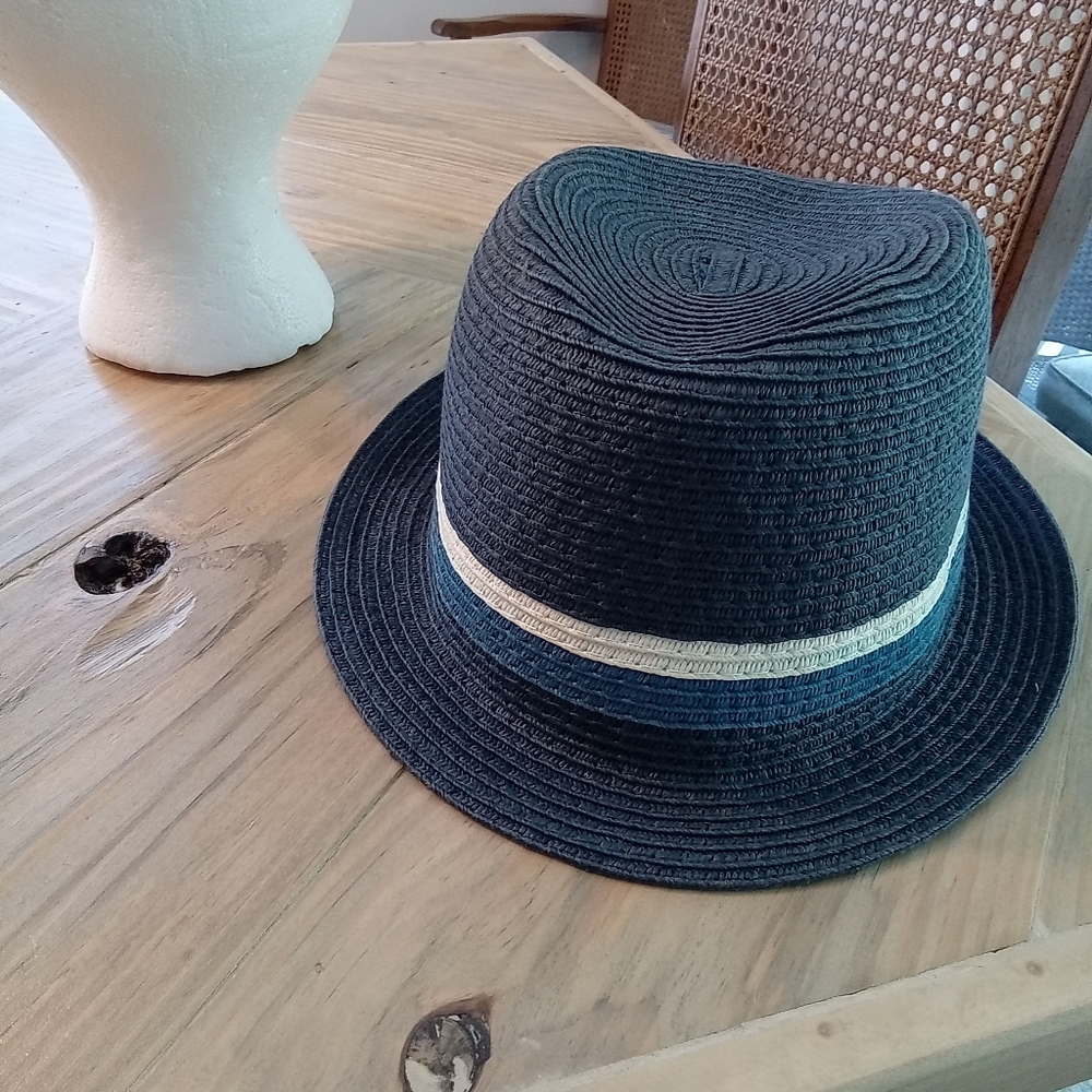 Place Est 1989 Stylish Navy Blue Woven Fedora Hat with Colored Band Lg.